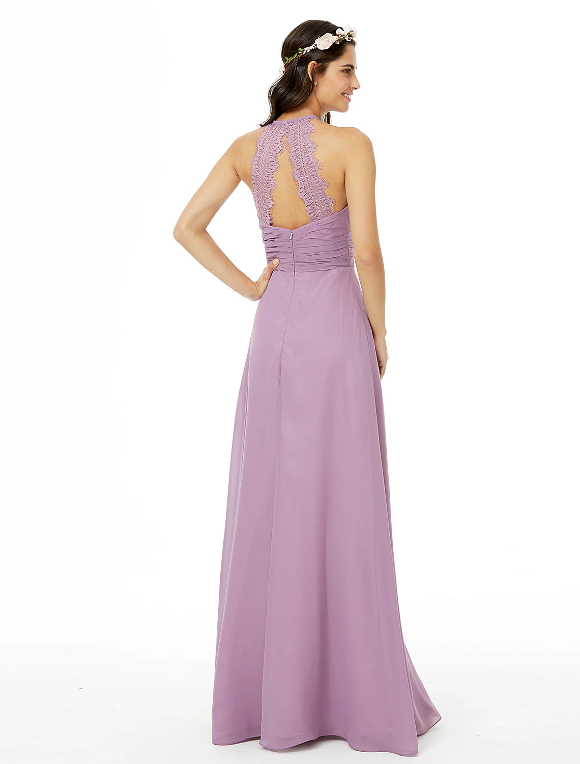 Wholesale Sheath / Column Bridesmaid Dress Jewel Neck Sleeveless Beautiful Back Floor Length Chiffon with Lace / Sash / Ribbon / Pleats